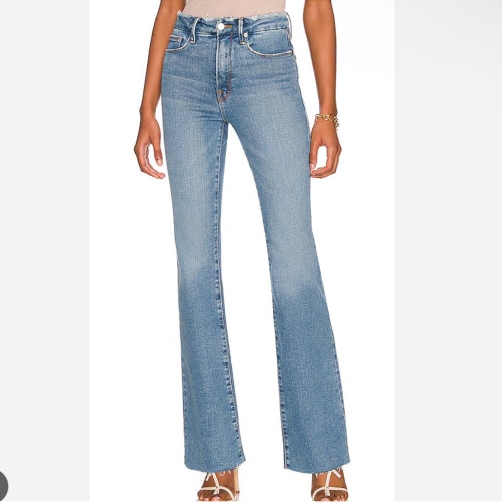 GOOD AMERICAN Classic Wide Leg Jeans Raw Hem Indigo Medium Wash Size 15 TALL